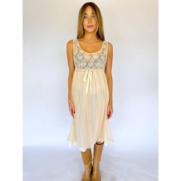 Vintage Sheer Lace Midi Dress Set - Cream Lingerie Slip & Jacket - Picture 3 of 9